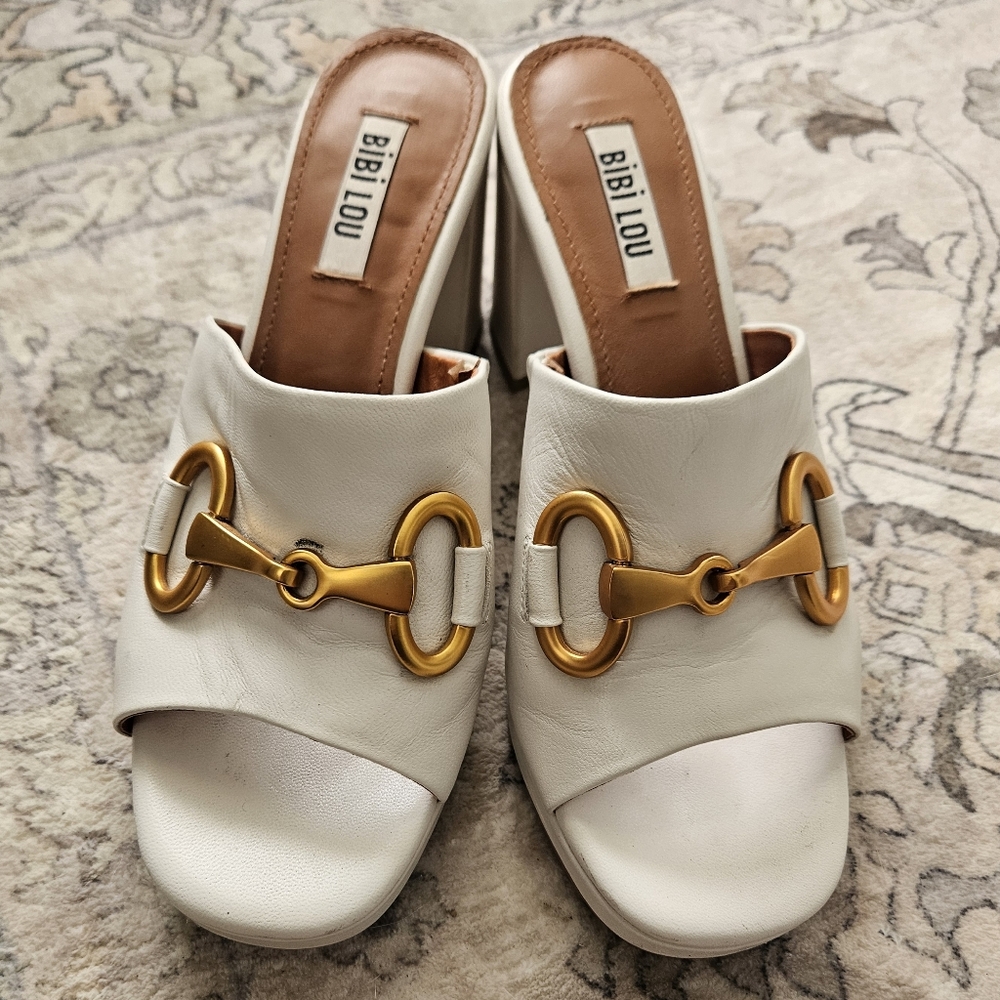 Bibi Lou Cream Off White Leather Mules 38 Gold Buckle